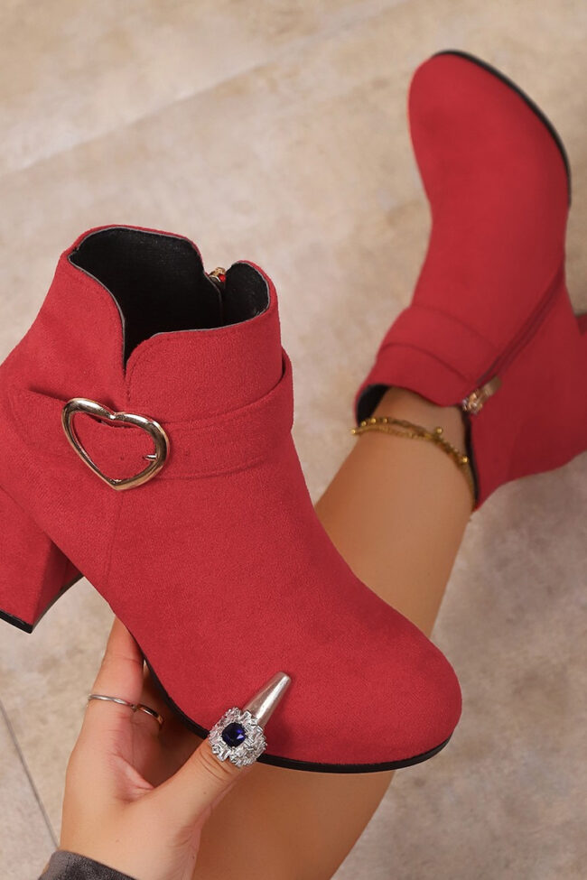 The Daphne Suede Thick Heel Boots with Metal Buckle and Side Zipper – La Rose Couture Shoes & Footwear
