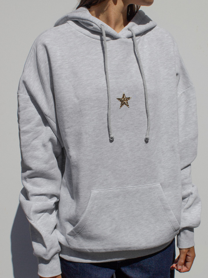 Women's Leopard Print Star Patch Fleece Hooded Sweatshirt