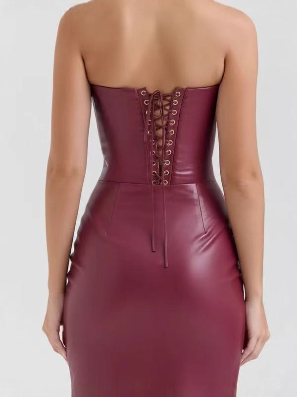 Women's PU Leather Strapless Slit Bodycon Evening Dress - Image 2