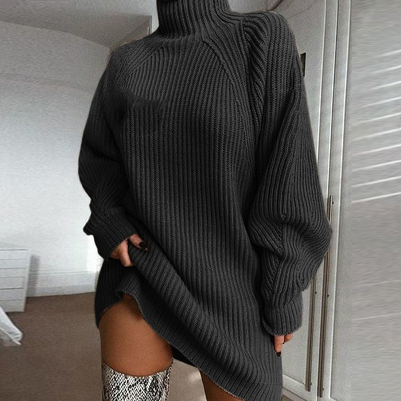 Knitted solid-color half-collared shoulder-sleeved dress - Image 2