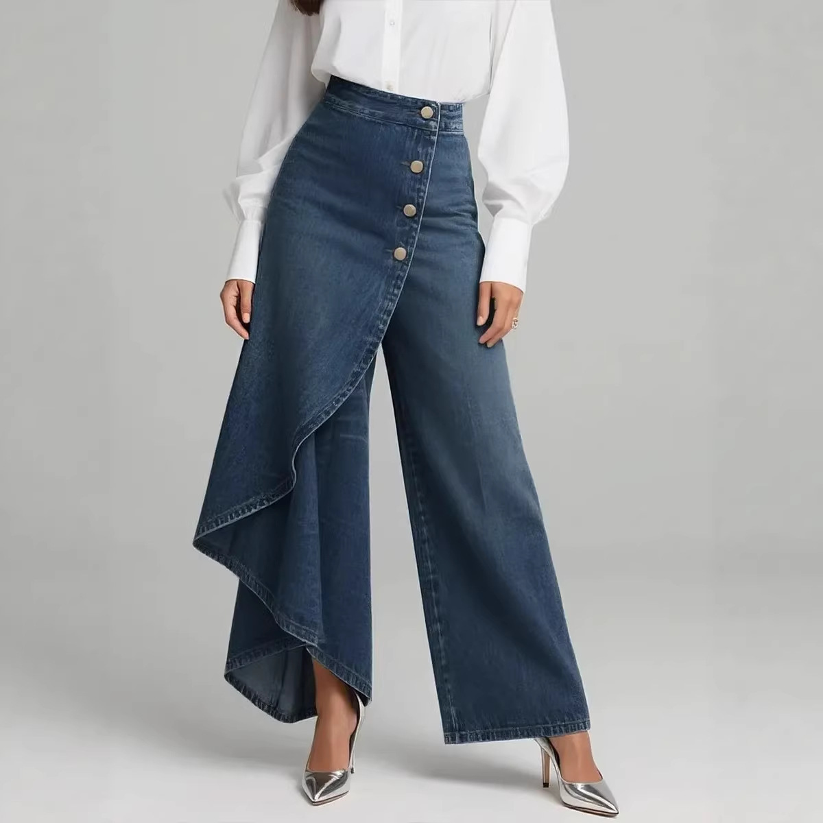 Solid Color Faux Denim Skinny Pants - Image 4