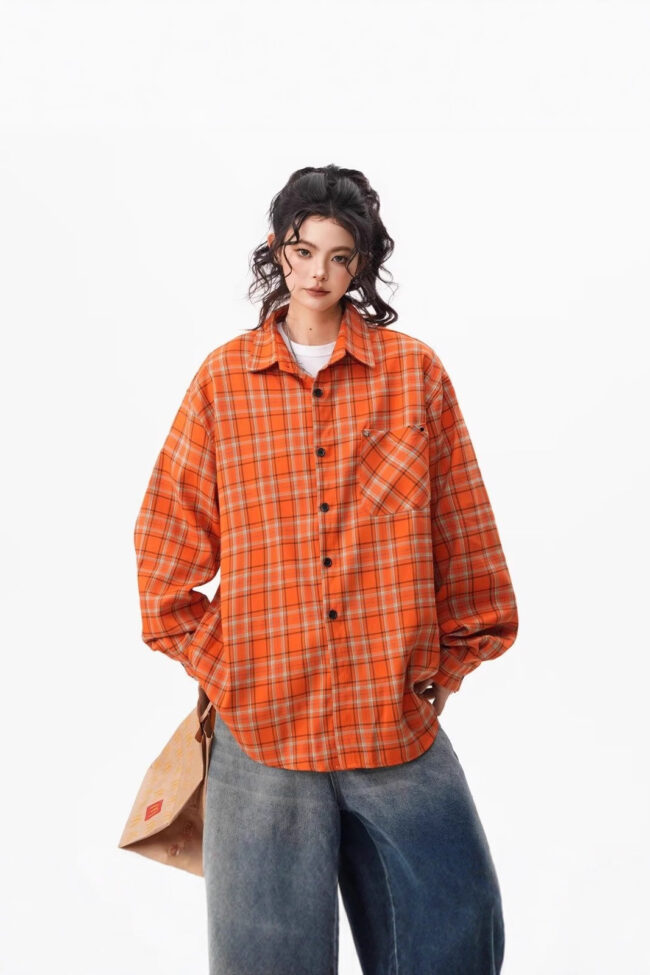 The Marine Retro Orange Plaid Loose Long Sleeve Lapel Shirt – La Rose Couture Tops & Blouses