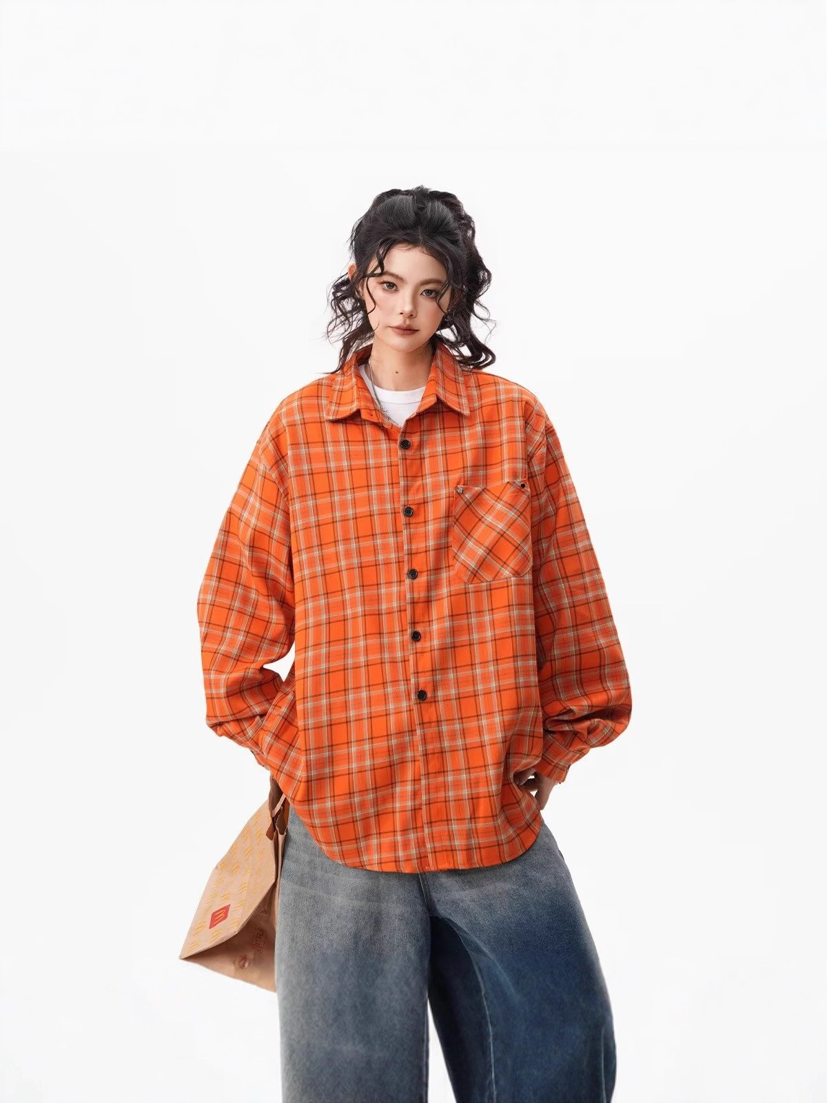 Retro Orange Plaid Loose Long Sleeve Lapel Shirt