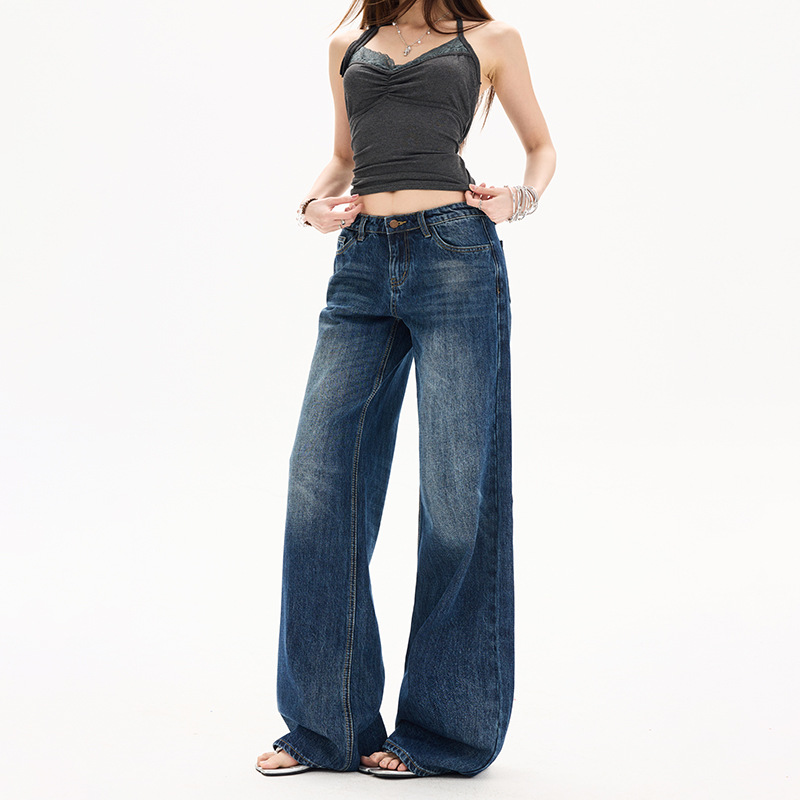 Women's Low-Rise Cotton Straight-Leg Dark Blue Denim Jeans - Image 3