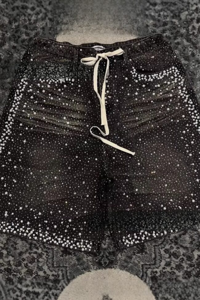 The Delphine Vintage Rhinestone Denim Shorts Detail – La Rose Couture Trousers & Skirts