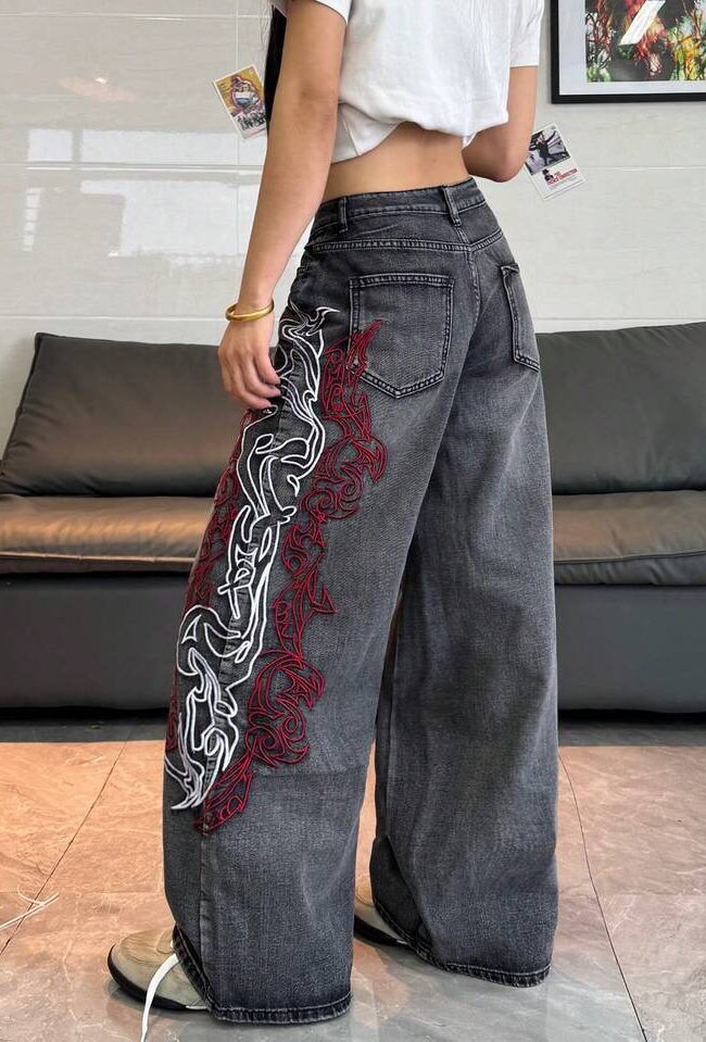 The Valentine Embroidered Dragon Denim Trousers Detail – La Rose Couture Trousers & Skirts