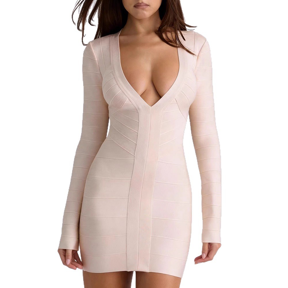 Long Sleeve Deep V-Neck Bandage Dress - Image 4