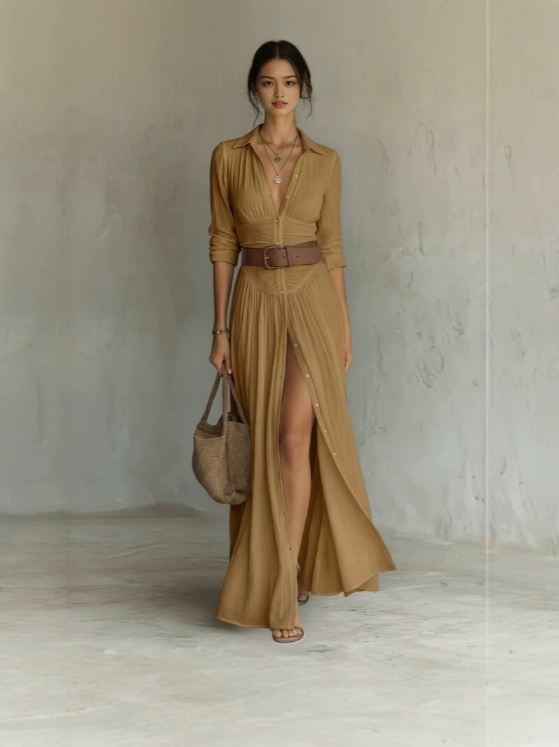 Womens Collared Shirt Dress with Belt - Image 4