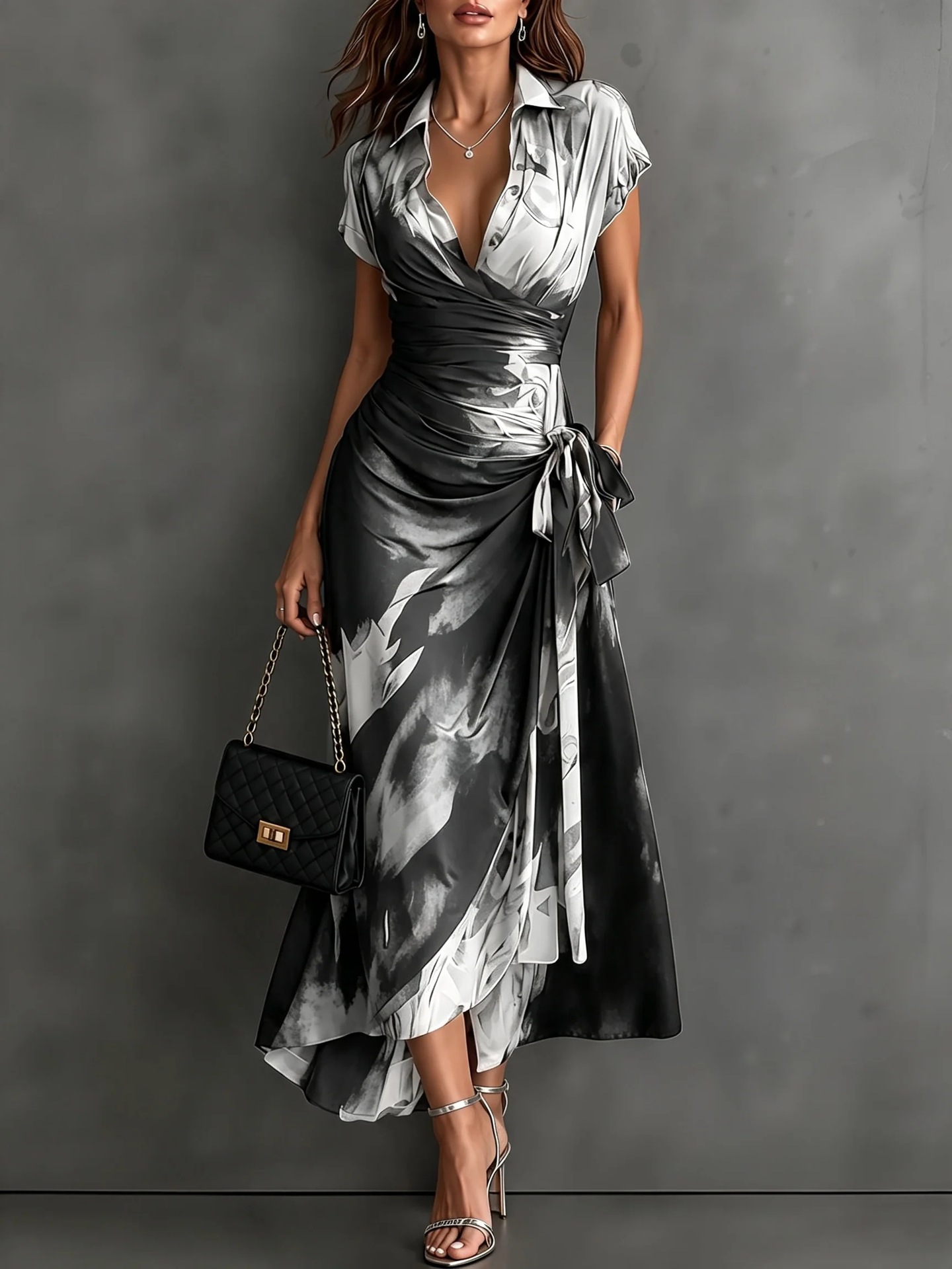 Womens Ink Print Wrap Dress with Collar Short Sleeves High Waist Tie Side Slit - Image 5