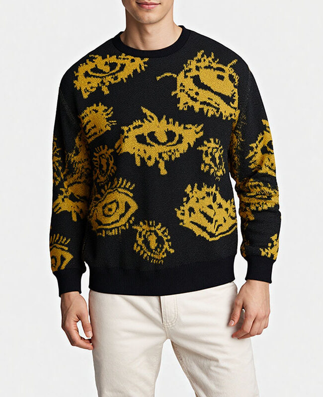 The Nathalie Jacquard Eye Pattern Round Neck Long Sleeve Loose Knit Pullover Detail – La Rose Couture Coats & Jackets