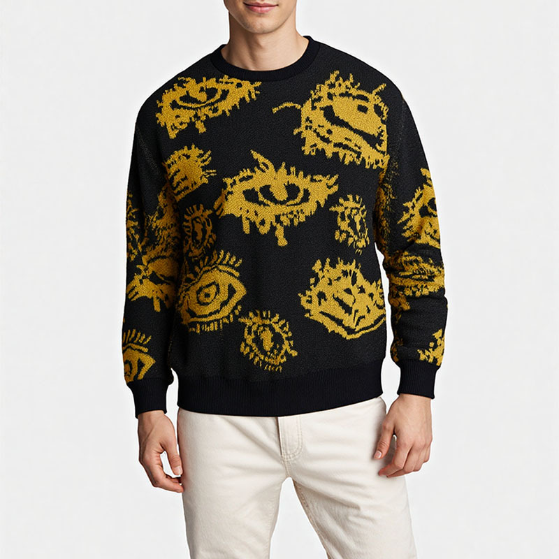Men's Jacquard Eye Pattern Round Neck Long Sleeve Loose Knit Pullover - Image 4