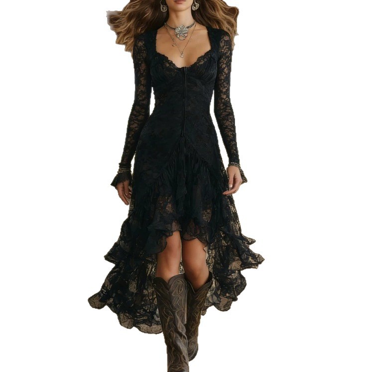 Long Sleeve Square Neck Lace Dress - Image 5