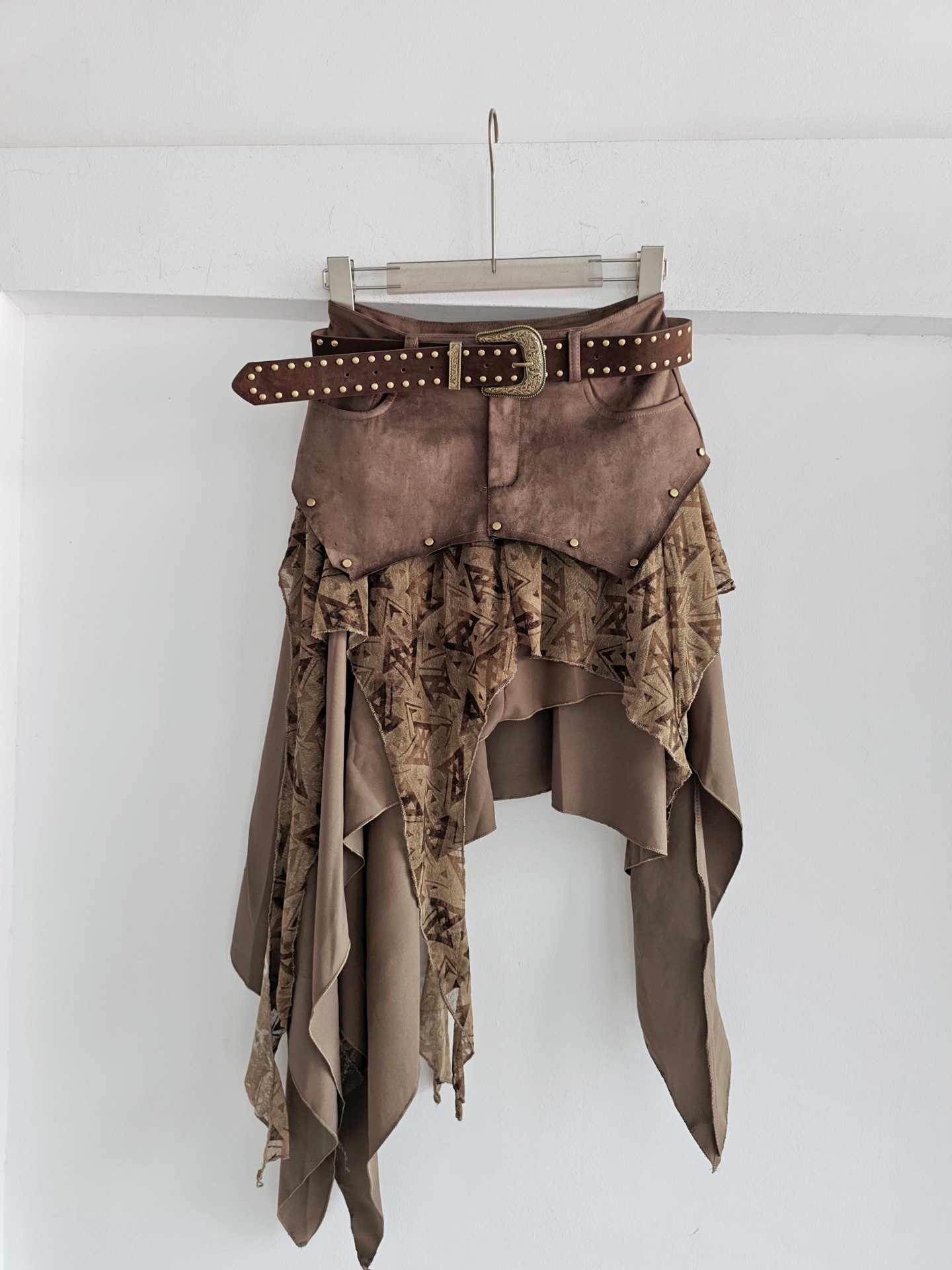 Patchwork Faux Suede Chiffon Midi Skirt - Image 4