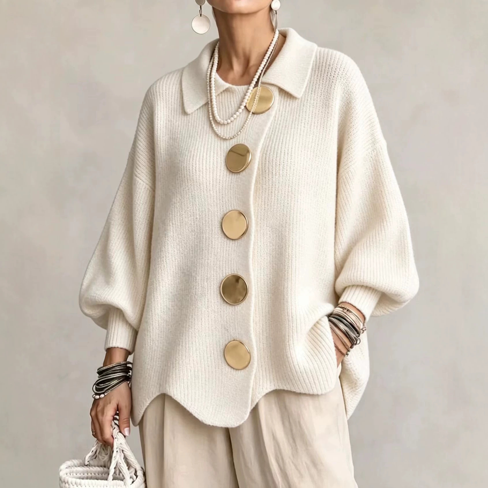 Women's V-Neck Button Long Sleeve Knit Sweater - Image 2