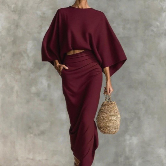 Womens High Waist Long Skirt Set with Loose Top - Image 2
