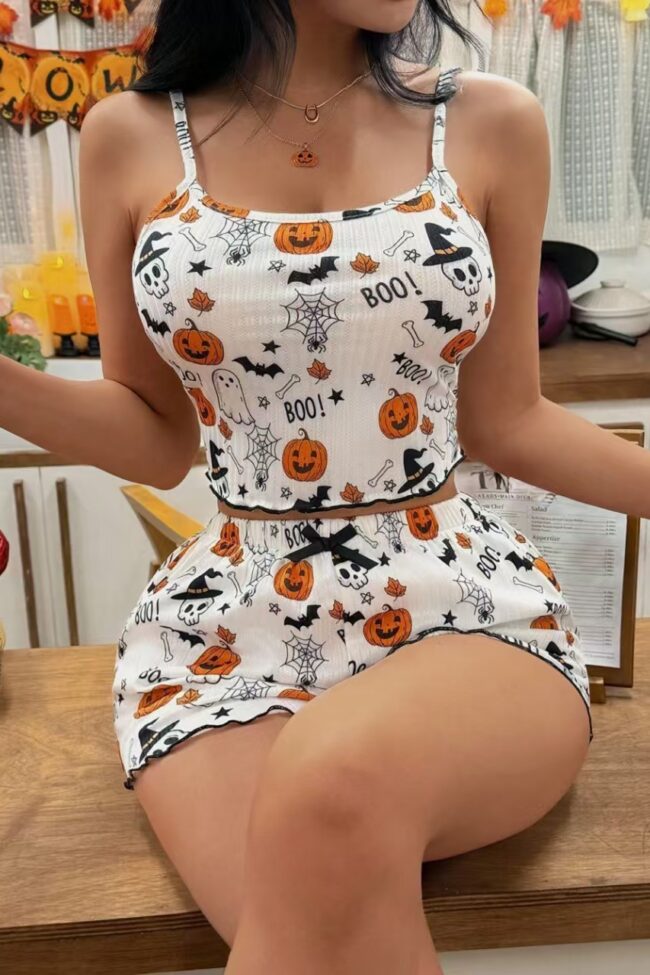 The Jeanne Pumpkin Print Bow Suspender Shorts Homewear Set Detail – La Rose Couture Trousers & Skirts
