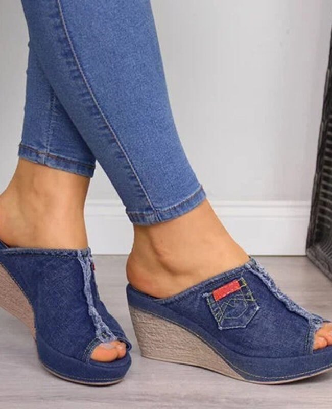 The Penelope Wedge Heel Denim Slip on Sandals – La Rose Couture Shoes & Footwear