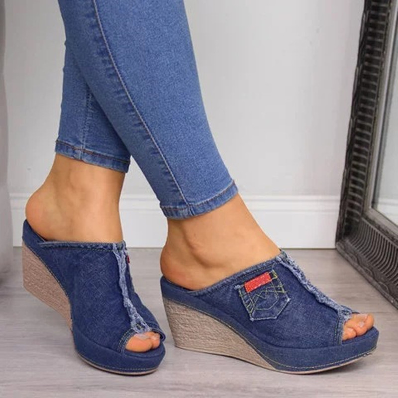 Womens Wedge Heel Denim Slip-On Sandals