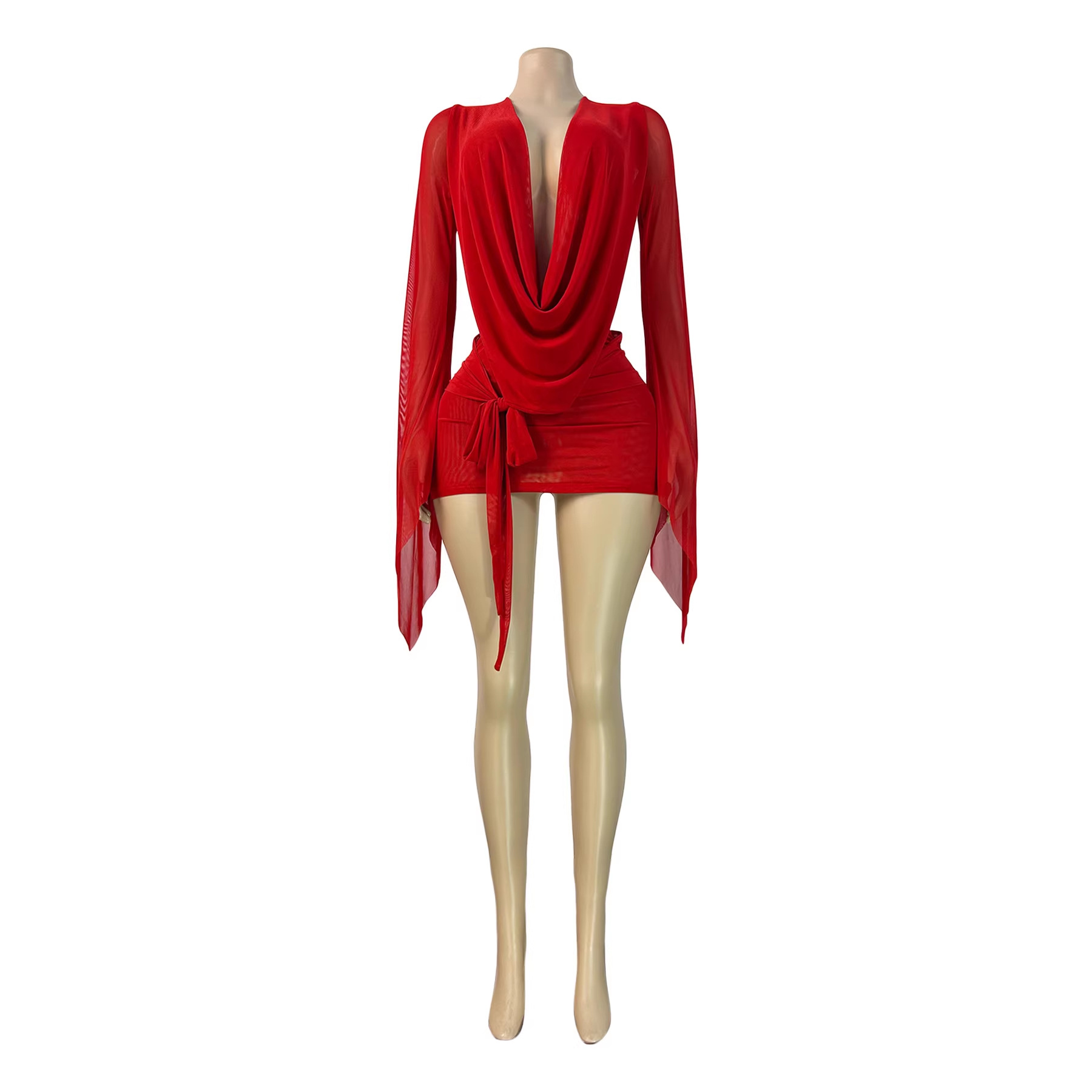 Mesh Deep V-Neck Open Back Bodycon Dress - Image 5