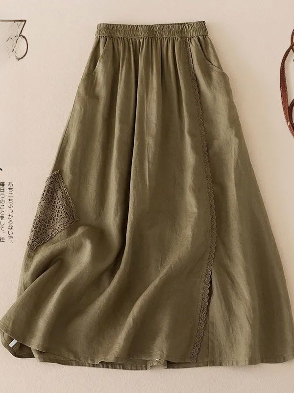 Cotton Linen Elastic Waist A-Line Skirt - Image 2