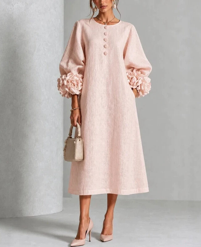 The Marine Elegant Floral Sleeve Cotton Linen Dress – La Rose Couture Dresses & Gowns