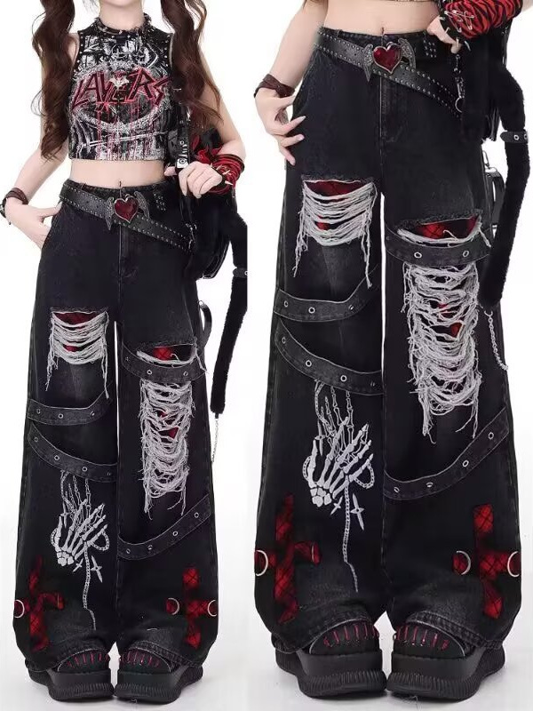 Womens Punk Style Retro Distressed Ripped Wide Leg Jeans - Image 5