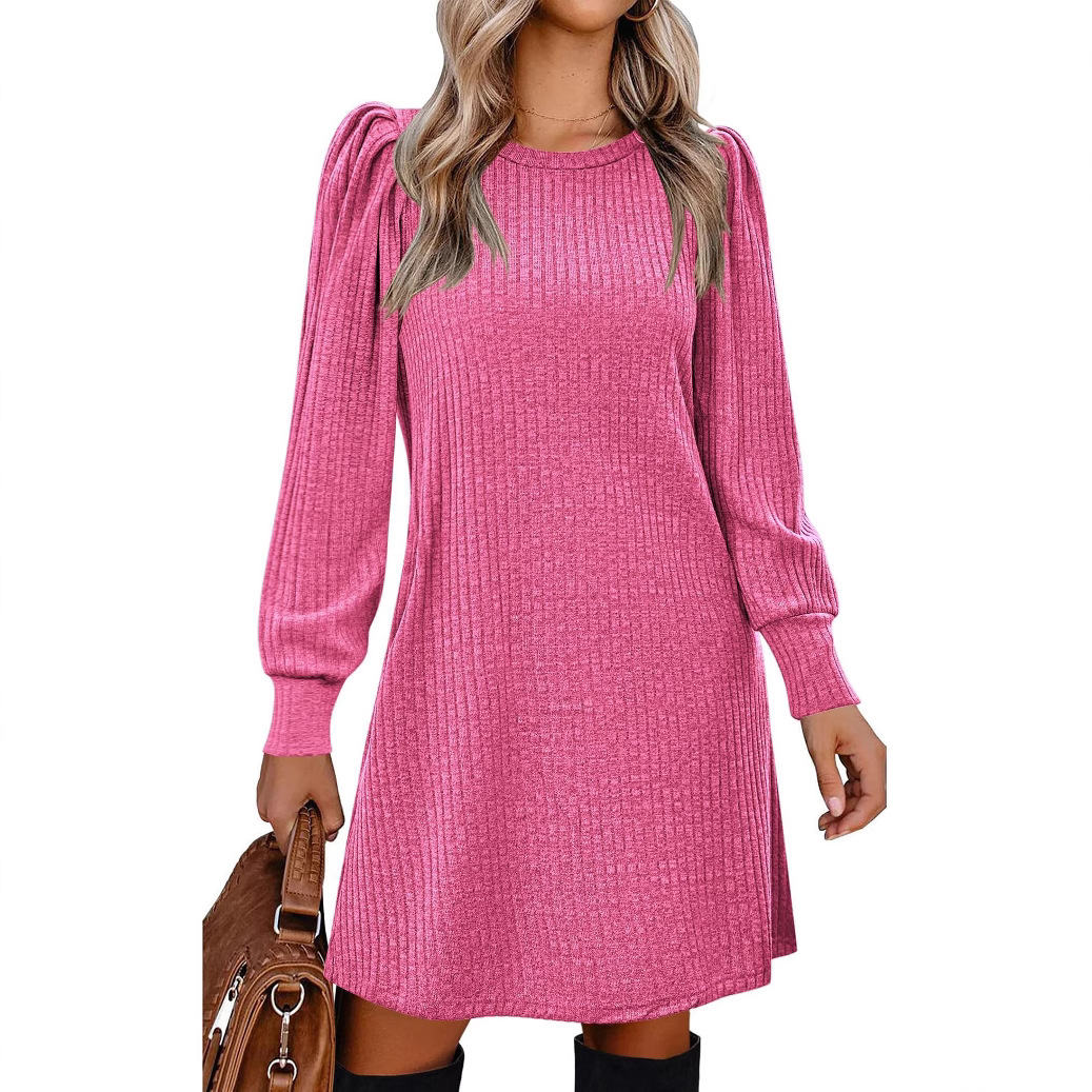 Solid Color Round Neck Puff Sleeve Mid-Length Dress - Image 4