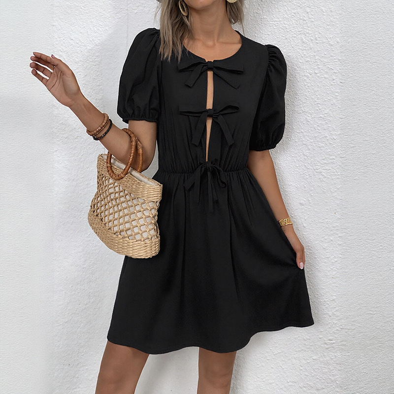 Retro Striped Bow Lace-up Dress - Image 3