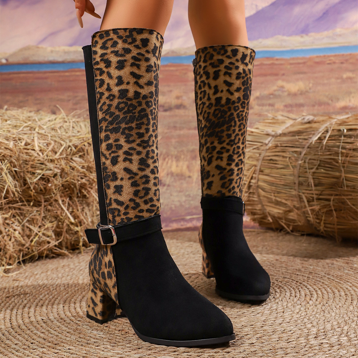 Pointed Leopard Print Mid-Heel Fashion Boots Belt Buckle High Boots