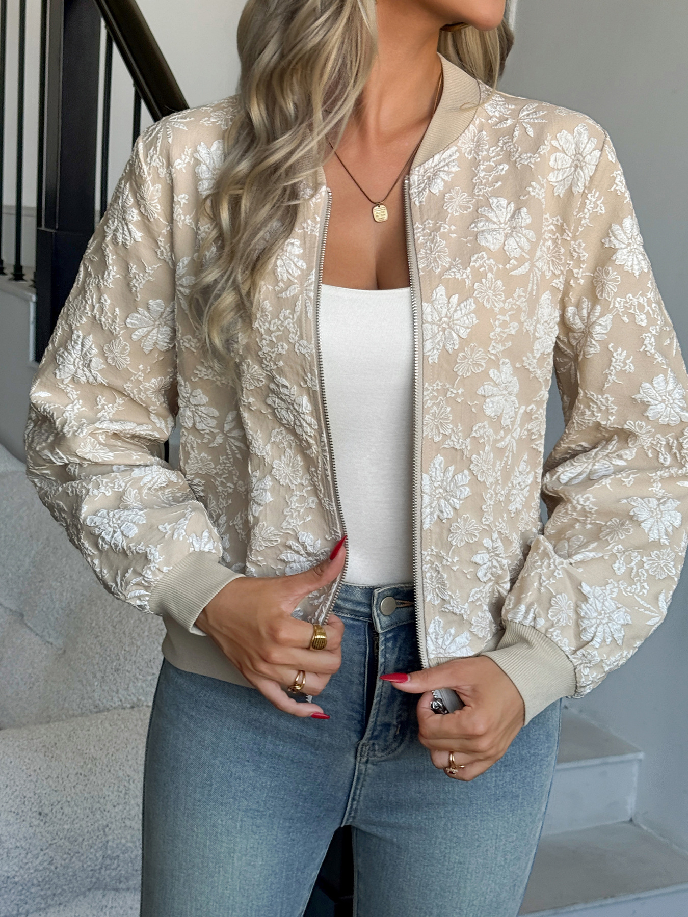 Women's jacquard zipper loose-fit jacket - Image 3