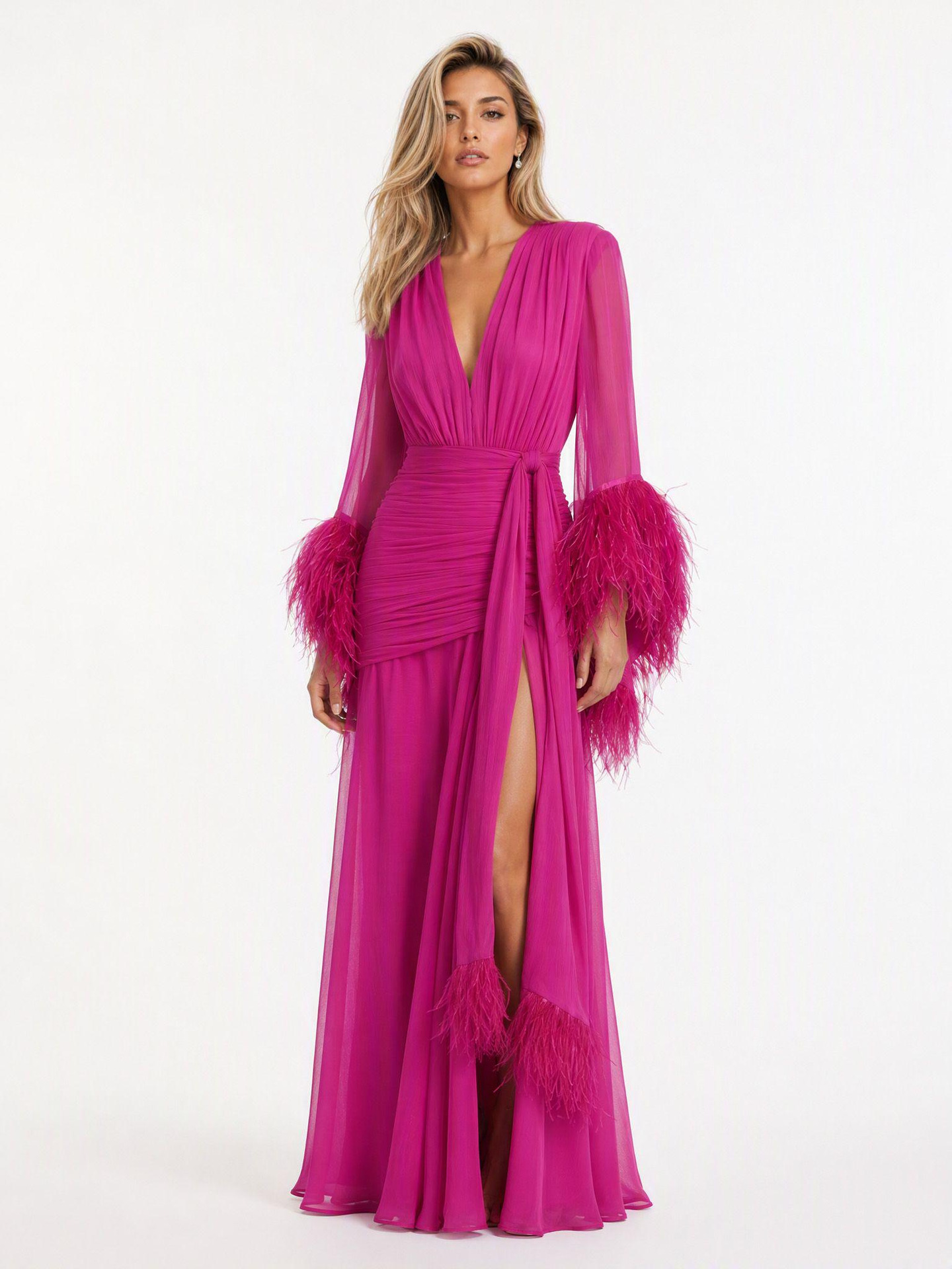 Elegant Solid Color Long Sleeve Evening Dress - Image 4