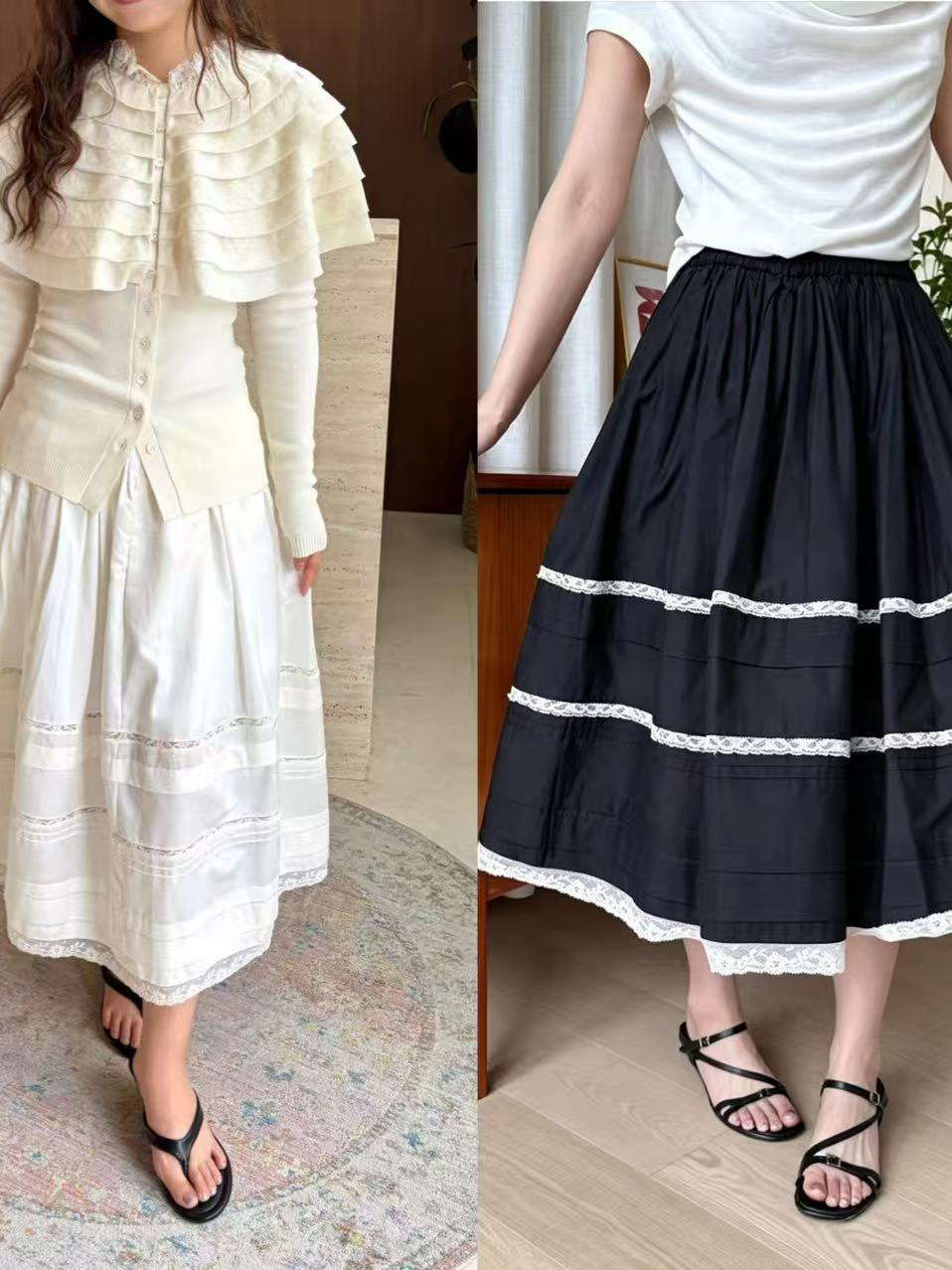 French Style Lace Splicing Floral Pleated A-Line Skirt