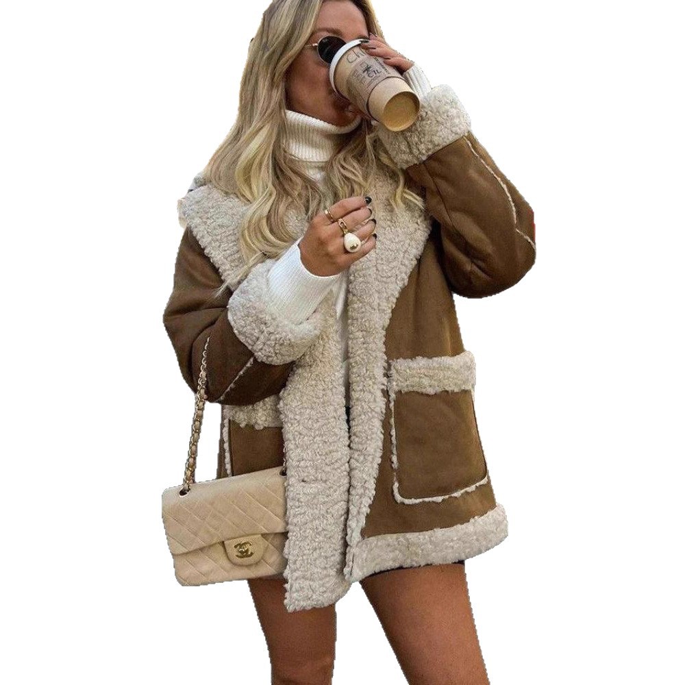 Simulated suede fabric symmetrical large pocket simple coat - Image 3