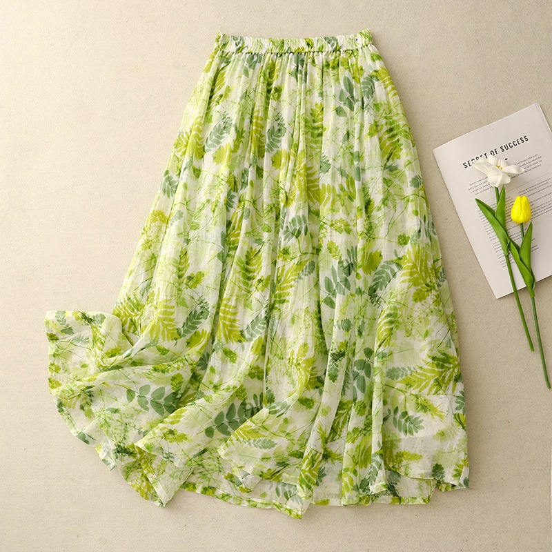 Ramie Printed A-Line Mid-Length Skirt