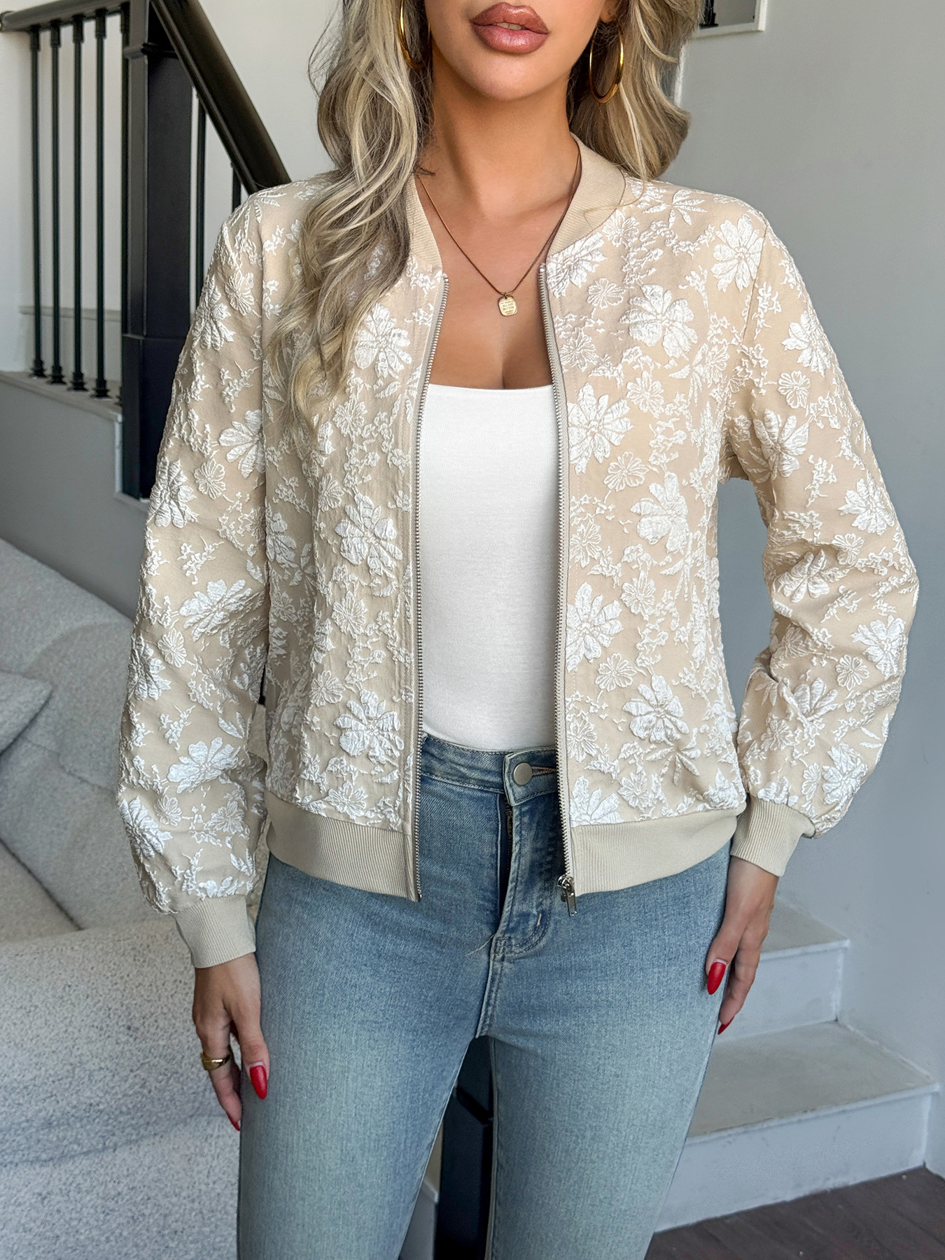 Women's jacquard zipper loose-fit jacket - Image 2