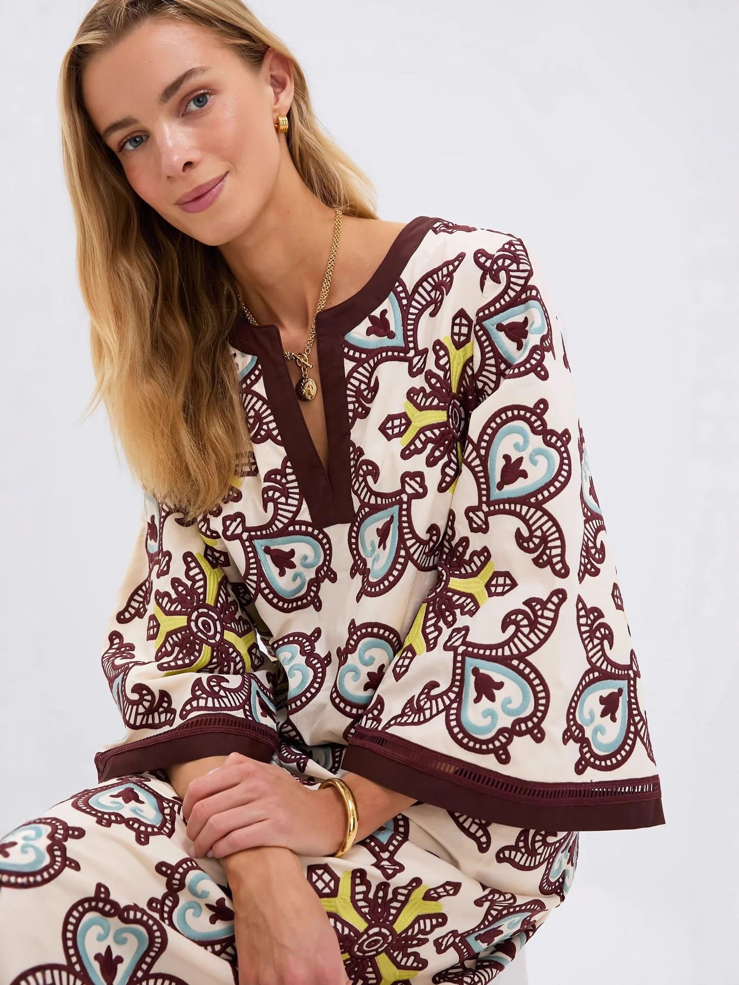Fashion Printed Linen Blend A-Line Dress with Bell Sleeves - Image 4