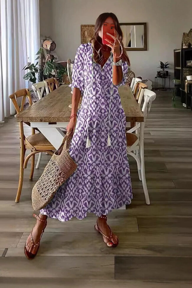 The Alix V Neck Printed Fringe Bell Sleeve Loose Maxi Dress Detail – La Rose Couture Dresses & Gowns
