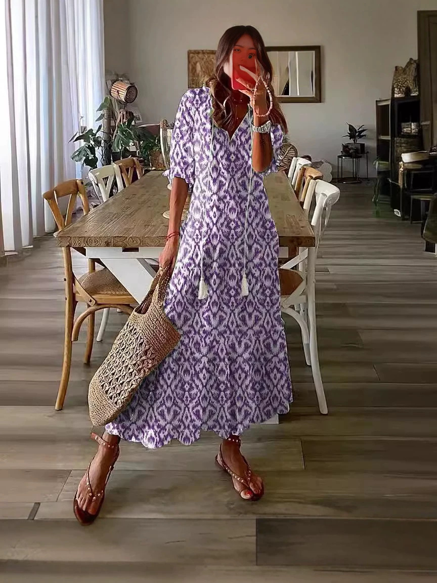 Women V-Neck Printed Fringe Bell Sleeve Loose Maxi Dress - Image 2