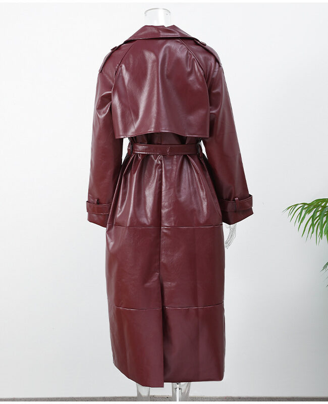 The Vivienne Deep Red Waist Cinching Belted Suit Collar Long Slim Fit Leather Coat Trench Jacket Detail – La Rose Couture Coats & Jackets
