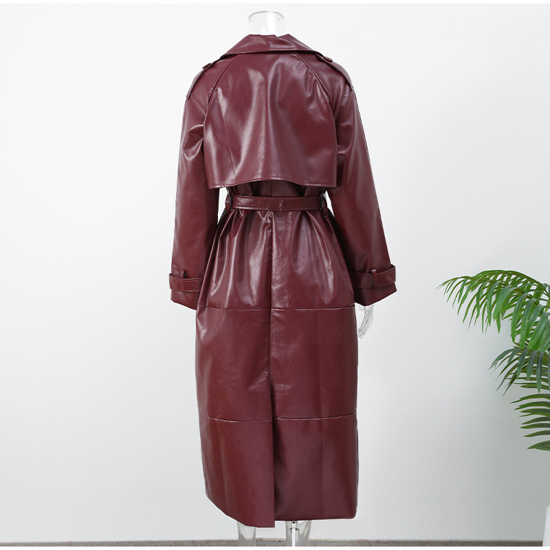 Deep Red Waist-Cinching Belted Suit Collar Long Slim-Fit Leather Coat Trench Coat Jacket - Image 4