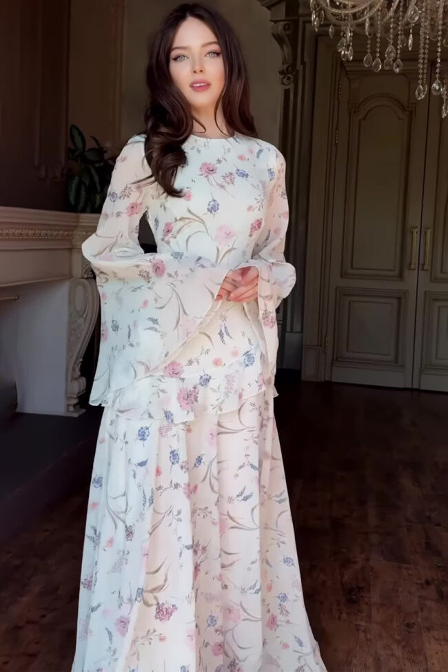 The Astrid Floral Print Long Sleeve Dress Detail – La Rose Couture Dresses & Gowns