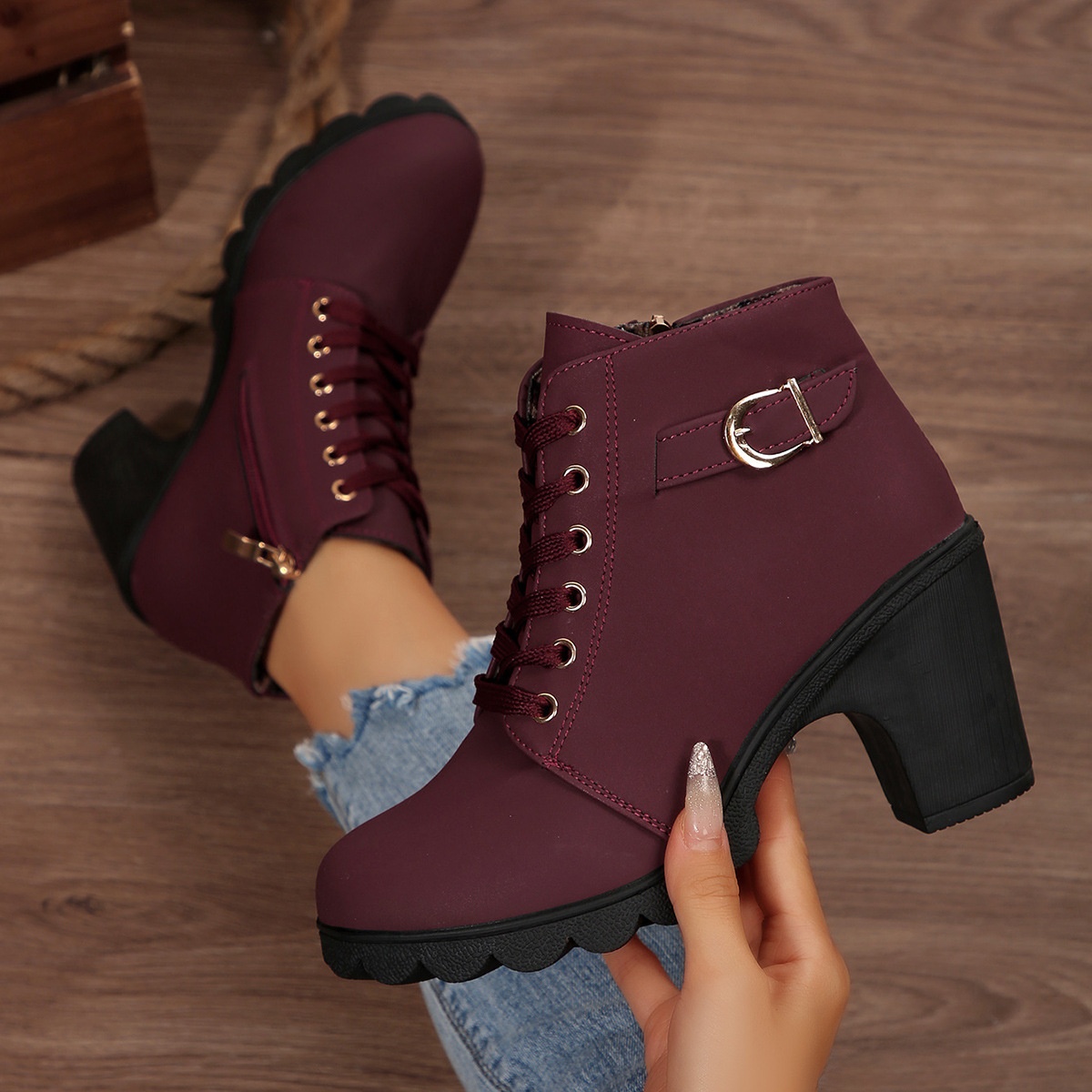 Women's Thick Heel Round Toe Side Zipper Boots - Image 5