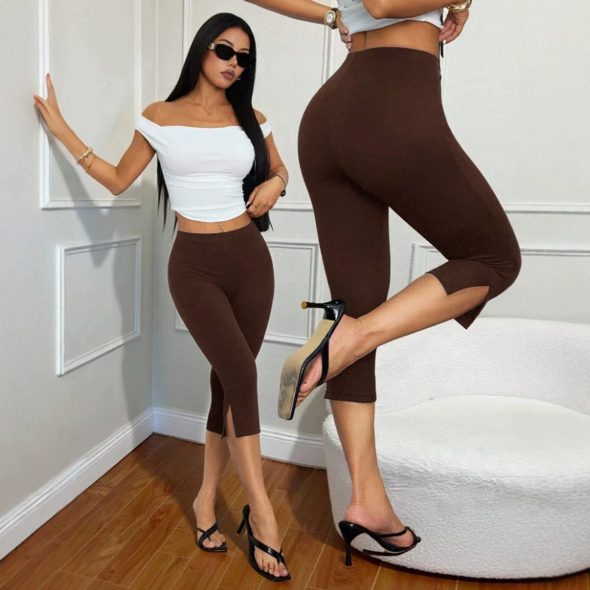 Womens Elastic Waist Slim Fit Split Leggings - Image 5