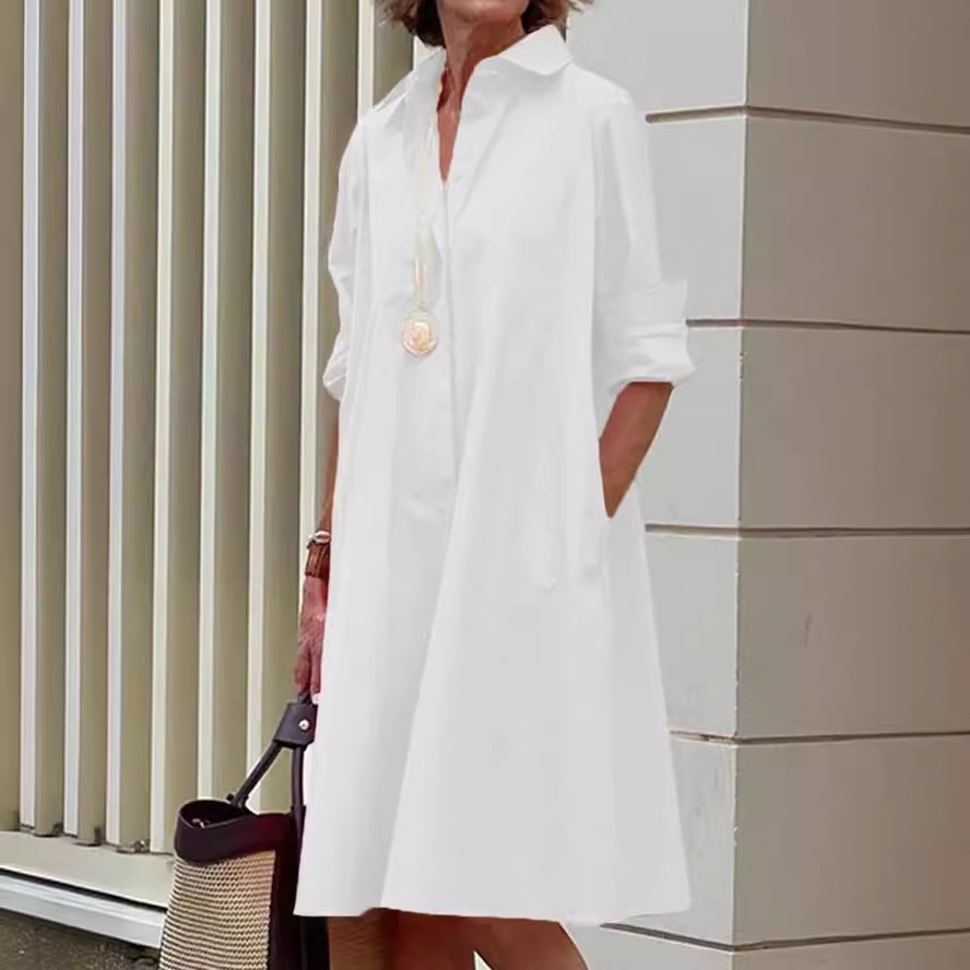 Women Loose Cotton Linen Plain Dress Bell Sleeve - Image 2