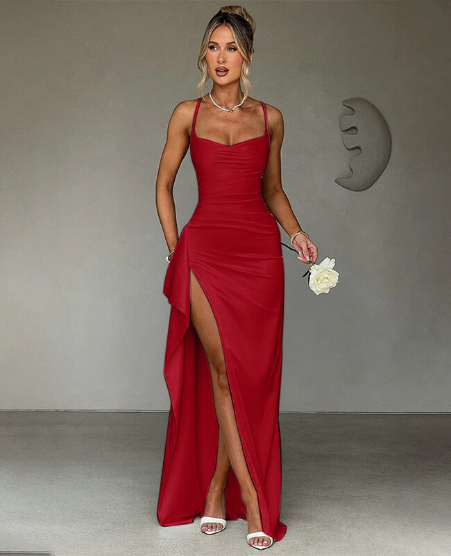 The Laure Elegant Satin Slit Gown Detail – La Rose Couture Dresses & Gowns