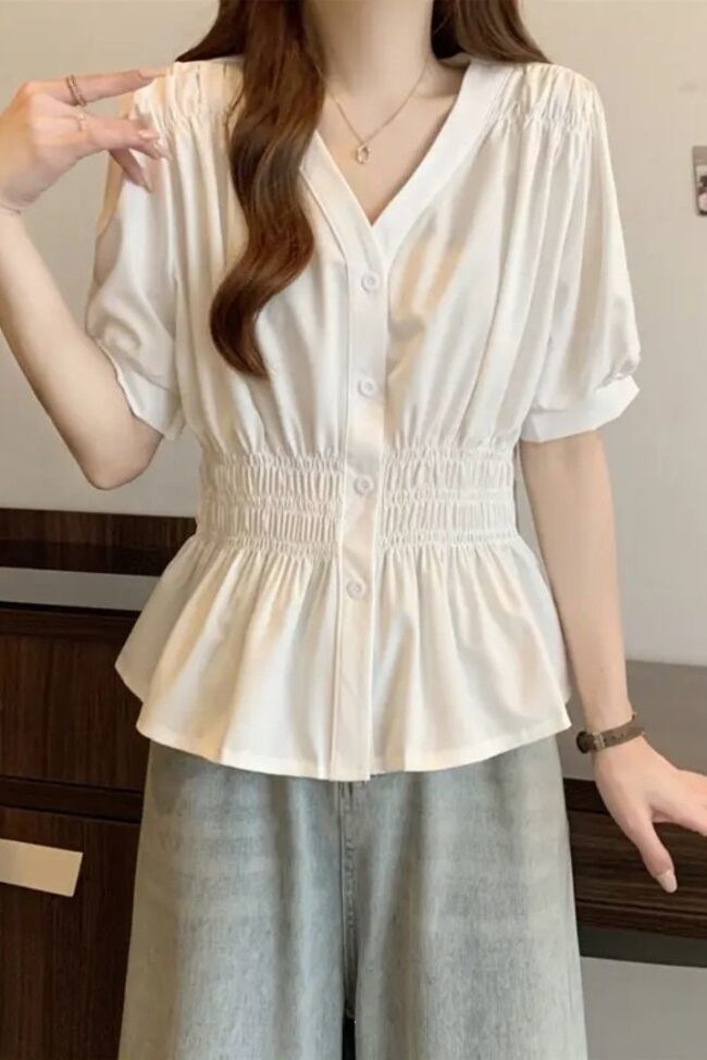 Solid Color Short Sleeve Shirt Detail – La Rose Couture Tops & Blouses