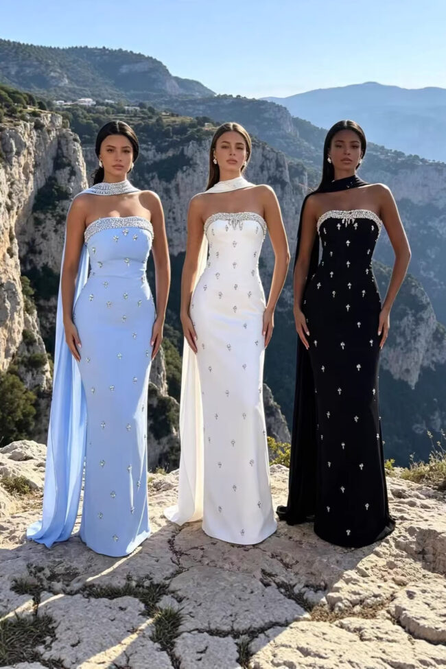 The Camille Strapless Bandage Dress with Full Rhinestones Shiny and Elegant Long Gown – La Rose Couture Dresses & Gowns
