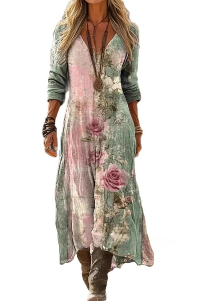 The Muriel Printed Long Sleeved V Neck Dress Detail – La Rose Couture Dresses & Gowns