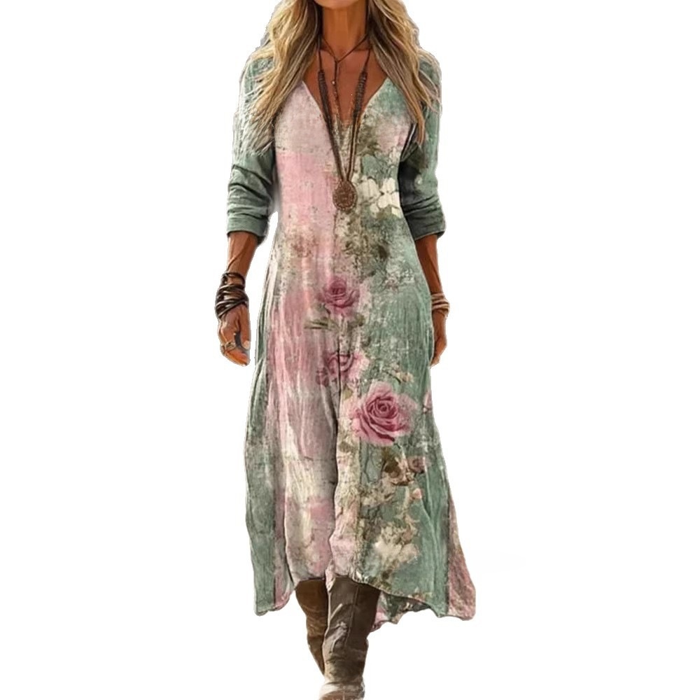 Women's printed long-sleeved V-neck dress - Image 2