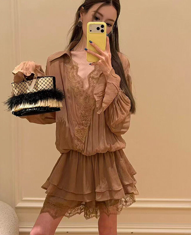 The Emmanuelle Minimalist Lace Patchwork Shirt Dress Detail – La Rose Couture Dresses & Gowns